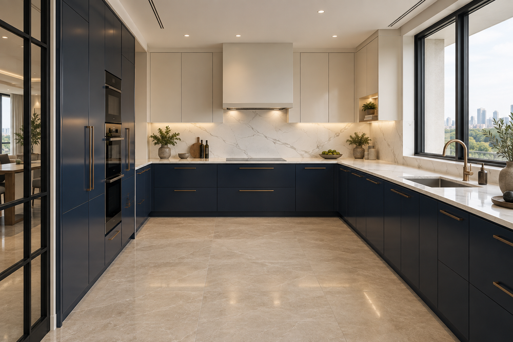 Luxury Modern Kitchen — Navy & Quartz
