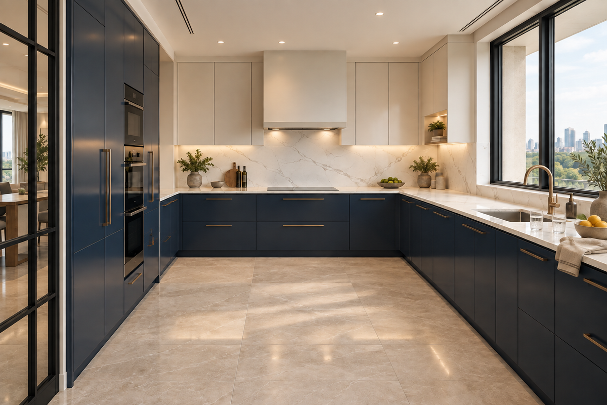 Navy kitchen concept with water glasses and citrus on the quartz counter