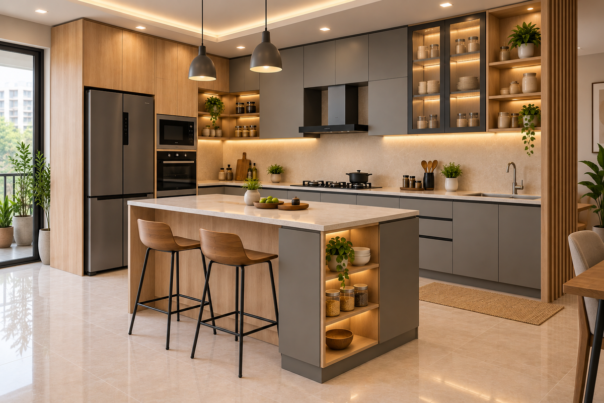 Second angle of Maple and grey island modular kitchen