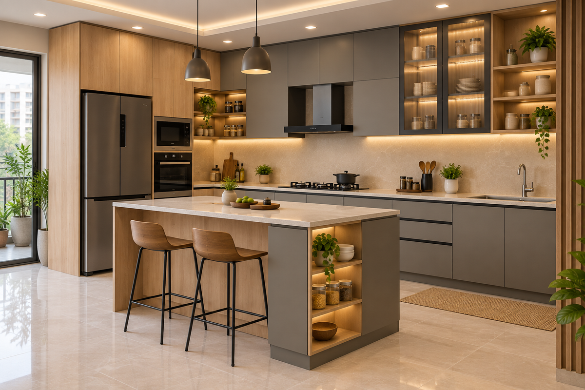 Maple and grey island modular kitchen by Right Work Interior