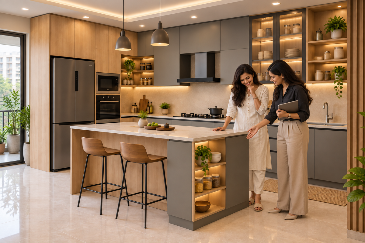Two Indian women admiring Maple and grey island modular kitchen