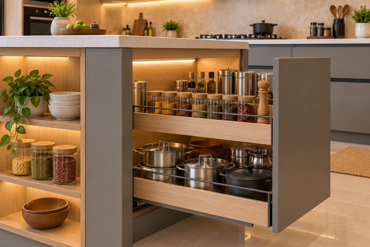Indian cookware and spice storage detail in Maple island kitchen