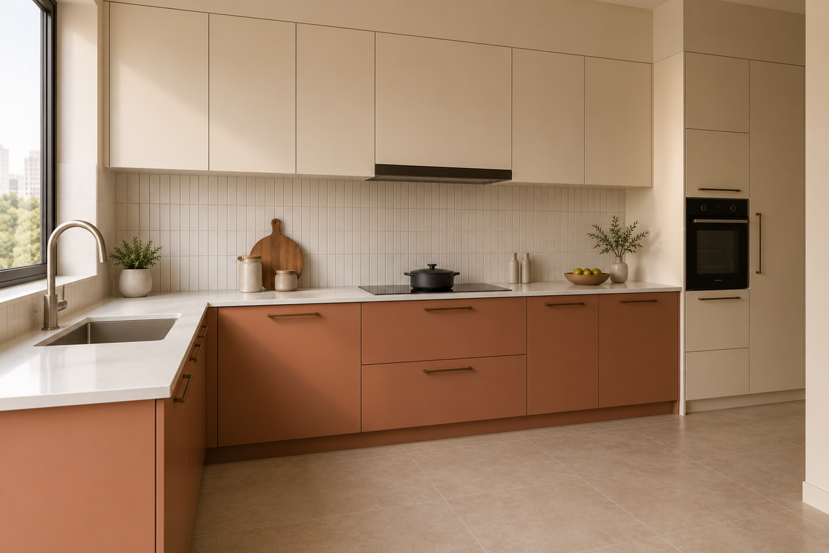 Angled view of terracotta base cabinets with a window-side sink and cream oven tower