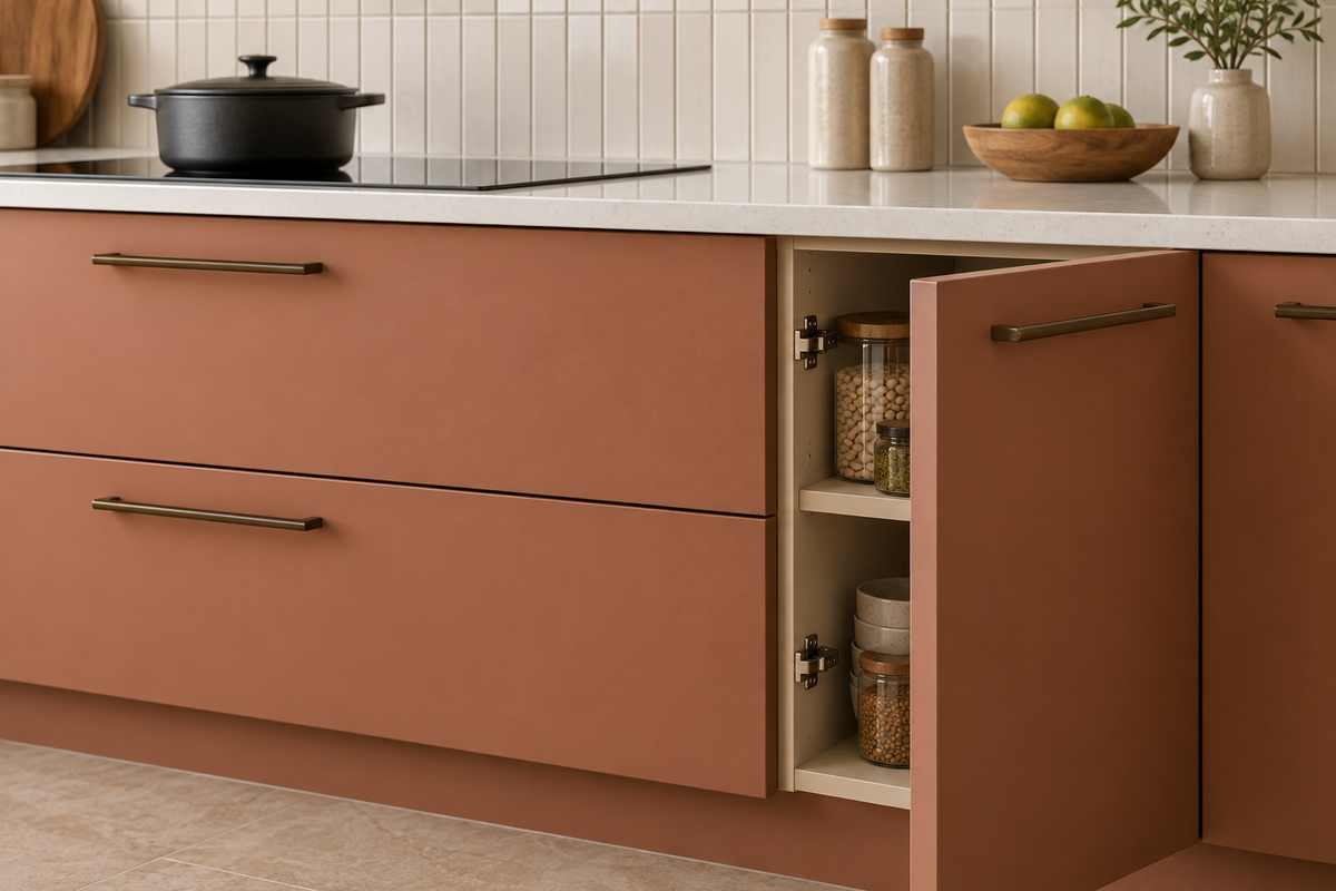 Open matte terracotta cupboard showing storage shelves and concealed hinges