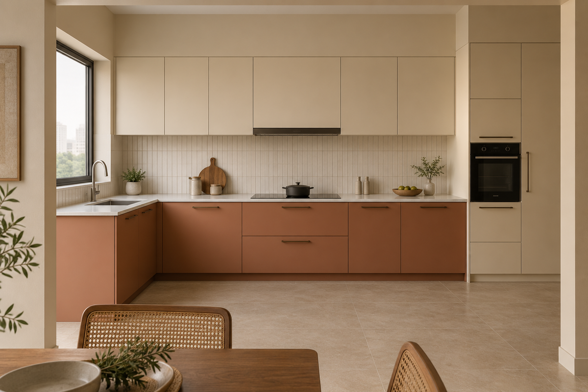 Matte terracotta kitchen concept with cream cabinets and a white quartz countertop