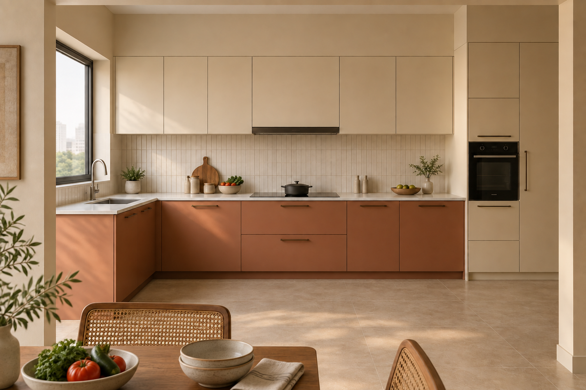 Terracotta kitchen concept with ceramic bowls on the dining table and vegetables on the counter