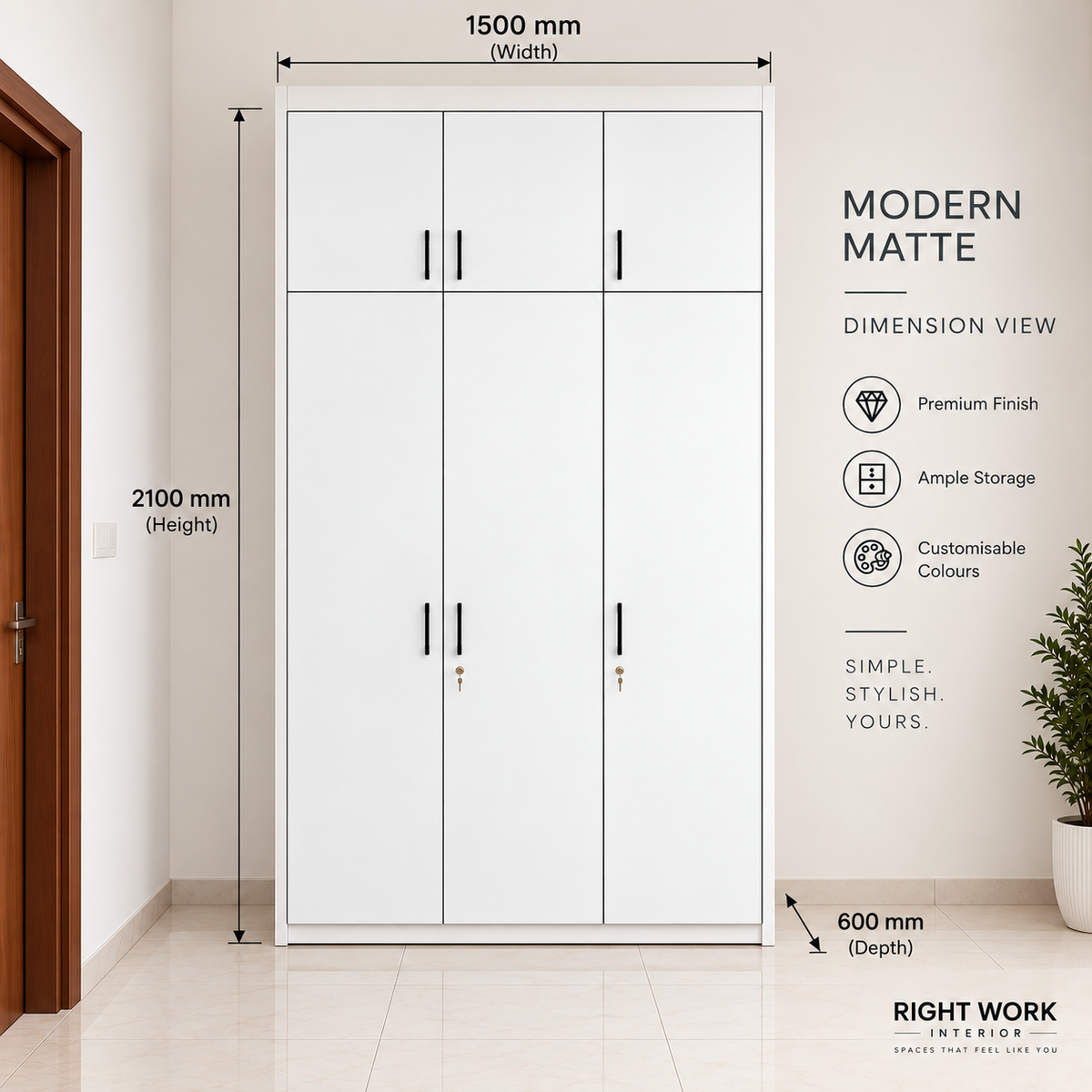 Right Work Matte White 3 door modular wardrobe dimensions 1500 mm width 2100 mm height 600 mm depth