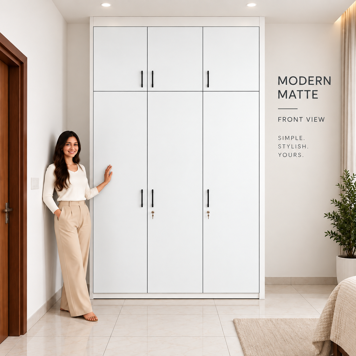 Right Work Matte White 3 door modular wardrobe front view with overhead storage