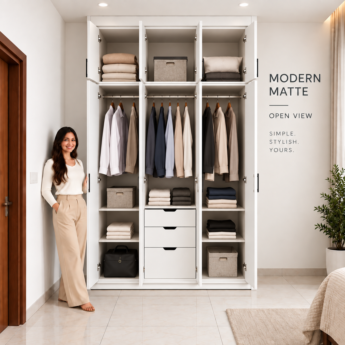 Right Work Matte White 3 door modular wardrobe open interior view with shelves hanging and drawers
