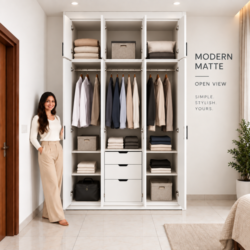 Right Work Matte White 3 door modular wardrobe open interior view with shelves hanging and drawers