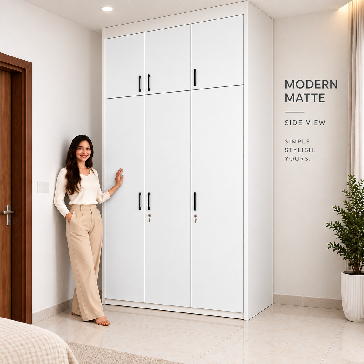 Right Work Matte White 3 door modular wardrobe side angle view