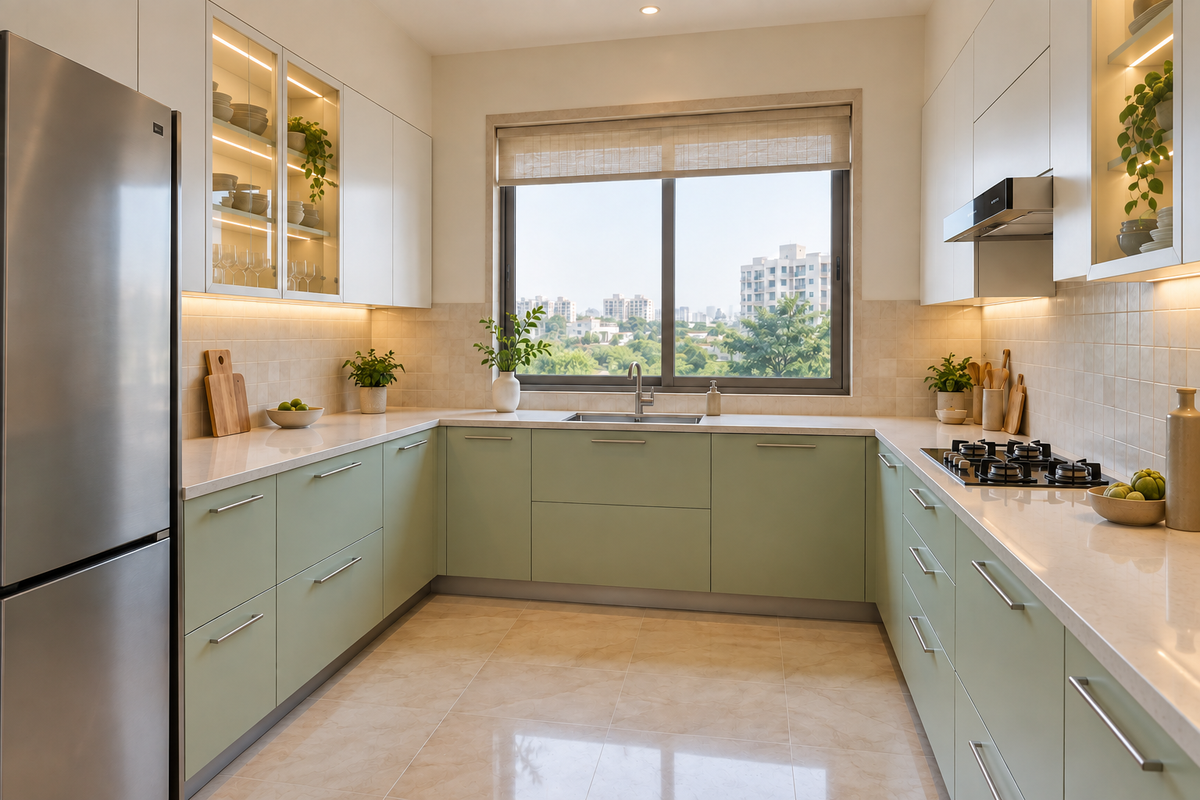 Angled view of mint kitchen drawers and pale quartz counters
