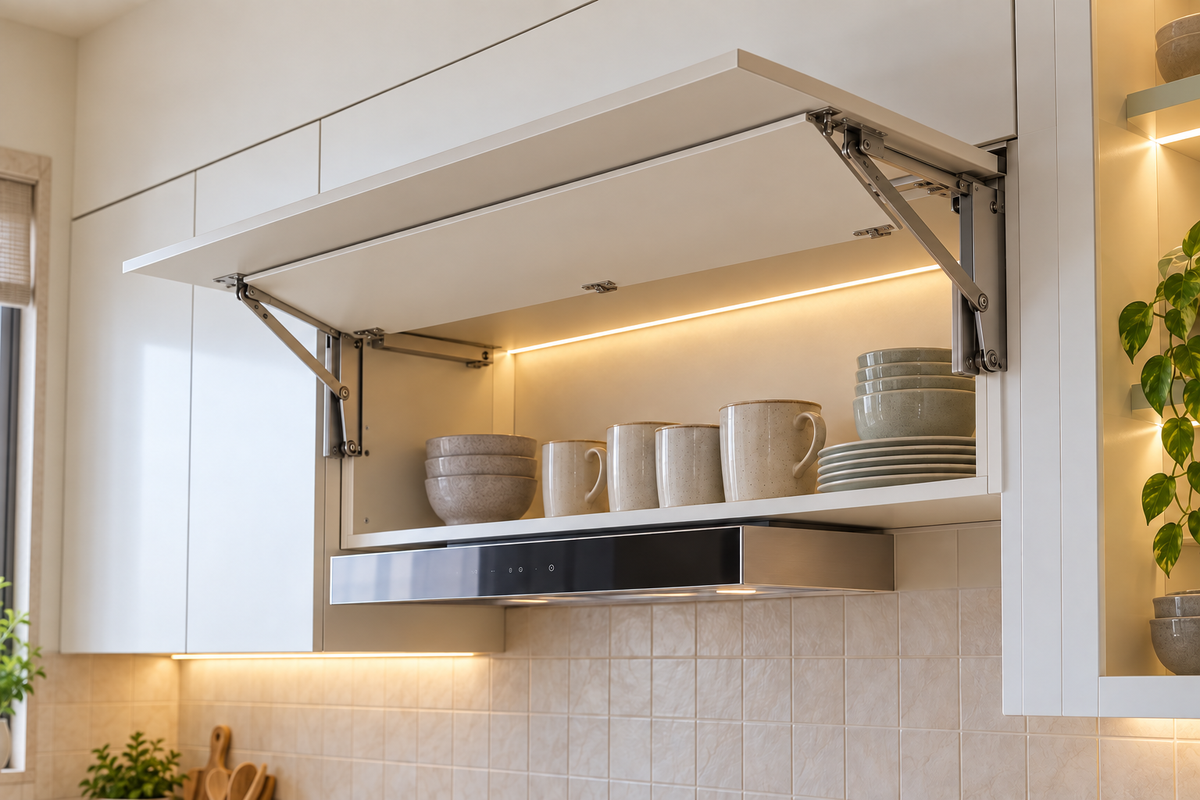 White bifold lift-up cupboard with supported lift arms and crockery storage