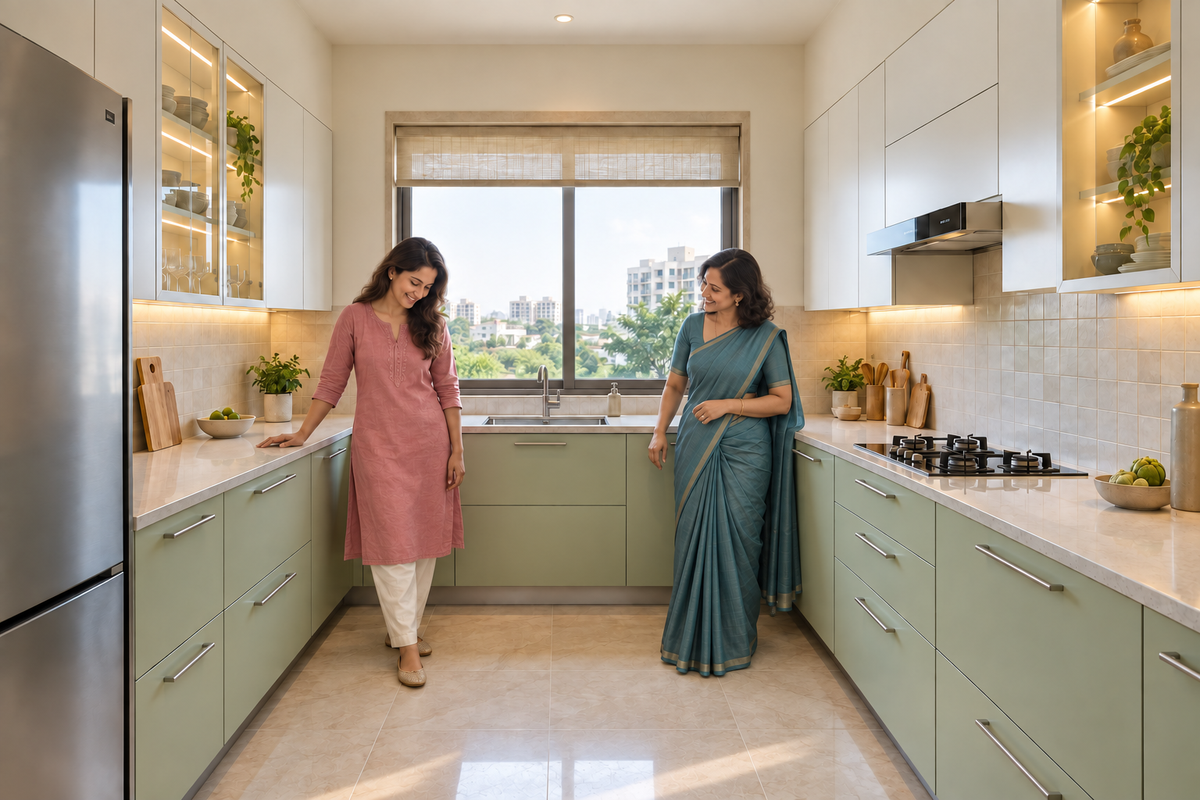 Two smiling Indian women beside mint kitchen cabinetry
