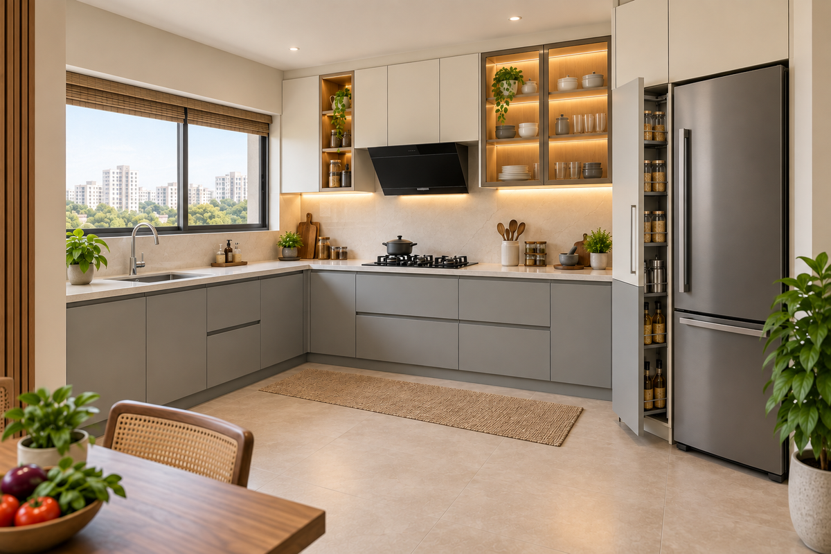 Second angle of Mist L-Shape modular kitchen in Mist Grey & Ivory