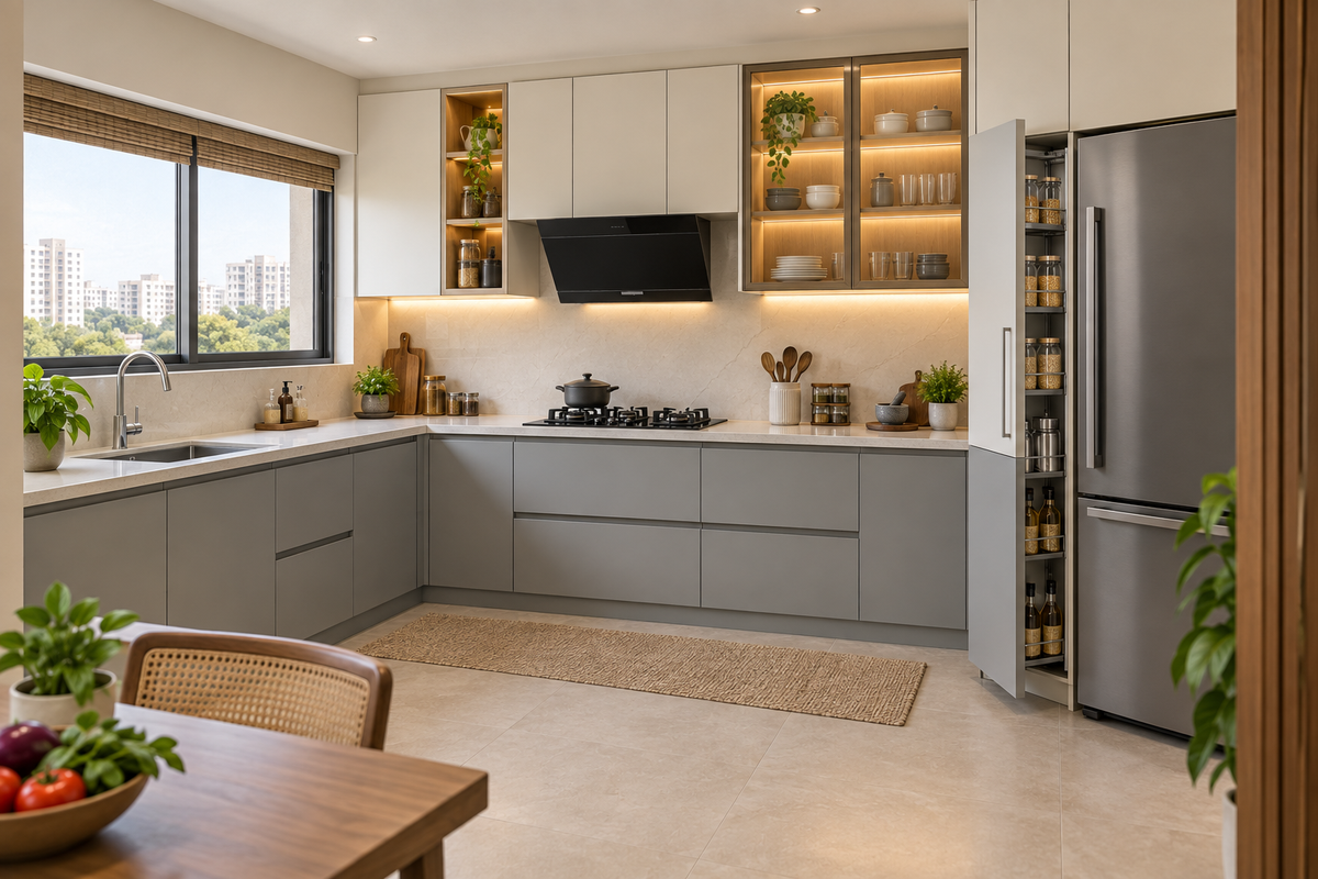 Mist L-Shape modular kitchen in Mist Grey & Ivory by Right Work Interior Bangalore