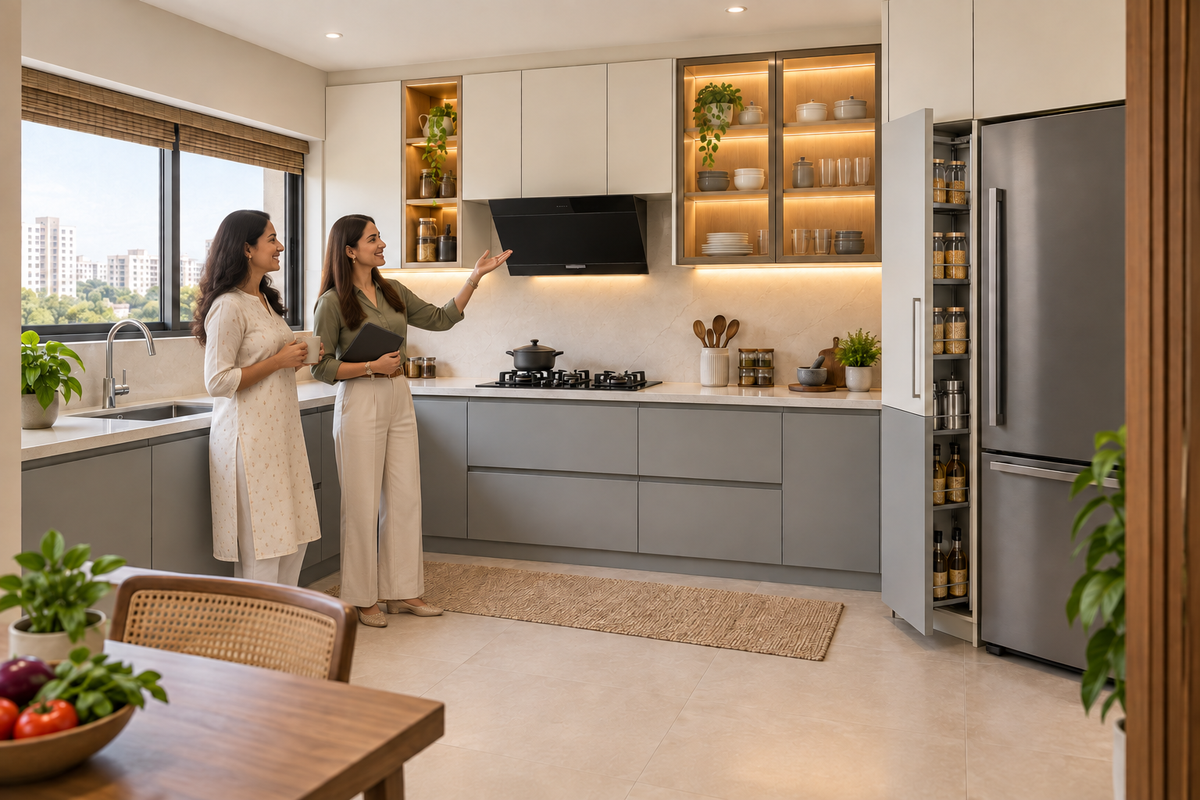 Indian homeowners with the Mist L-Shape modular kitchen in Mist Grey & Ivory