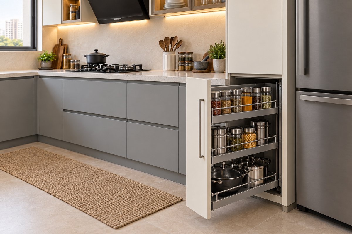 Cabinet and storage detail in Mist L-Shape modular kitchen
