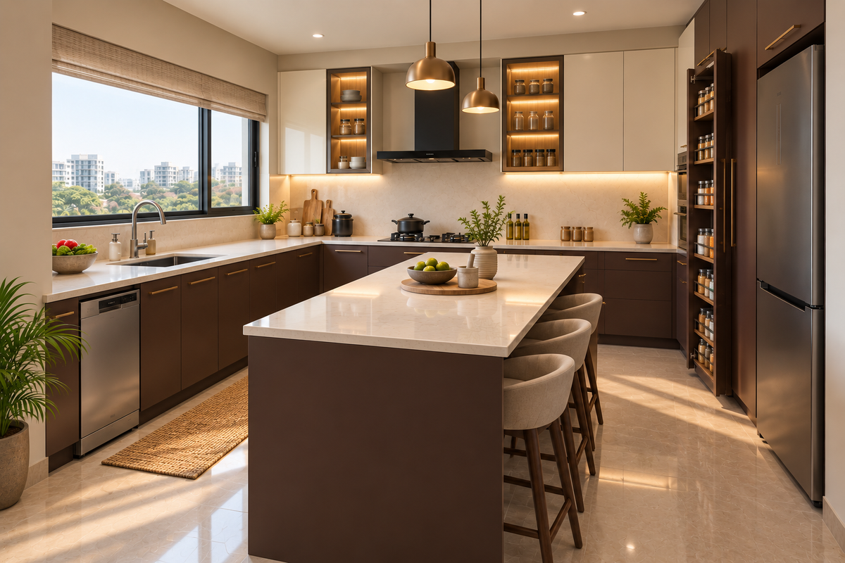Second angle of Monarch Peninsula modular kitchen in Espresso & Cream