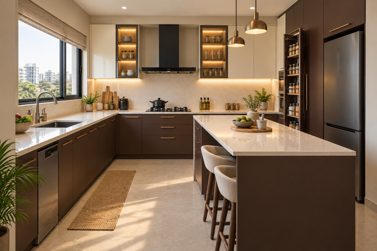 Monarch Peninsula modular kitchen in Espresso & Cream by Right Work Interior Bangalore