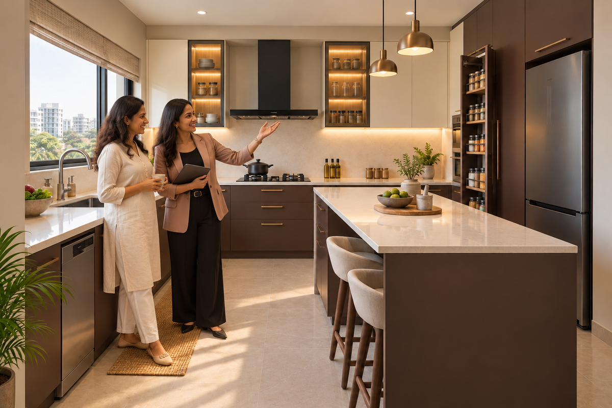 Indian homeowners with the Monarch Peninsula modular kitchen in Espresso & Cream