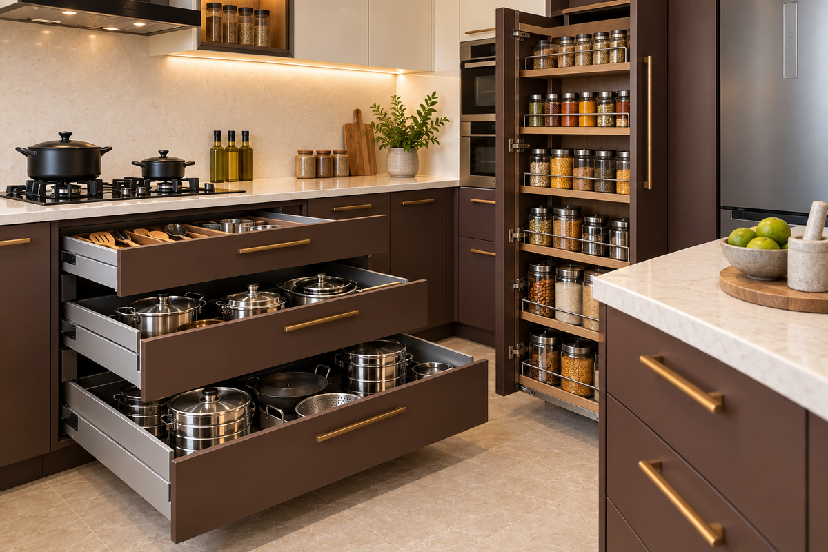 Cabinet and storage detail in Monarch Peninsula modular kitchen