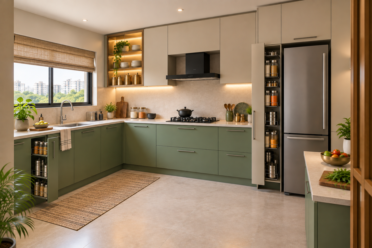 Second angle of Moss L-Shape modular kitchen in Moss Green & Beige
