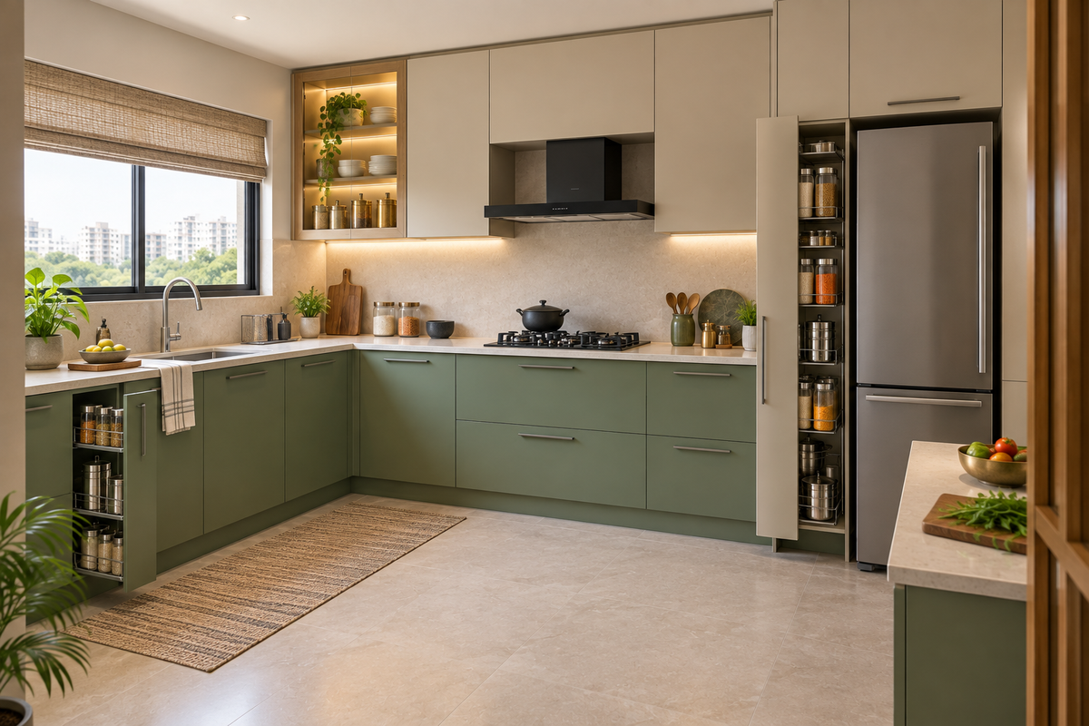 Moss L-Shape modular kitchen in Moss Green & Beige by Right Work Interior Bangalore