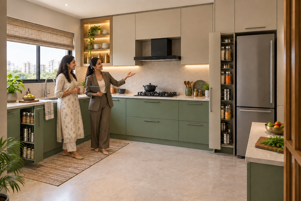 Indian homeowners with the Moss L-Shape modular kitchen in Moss Green & Beige