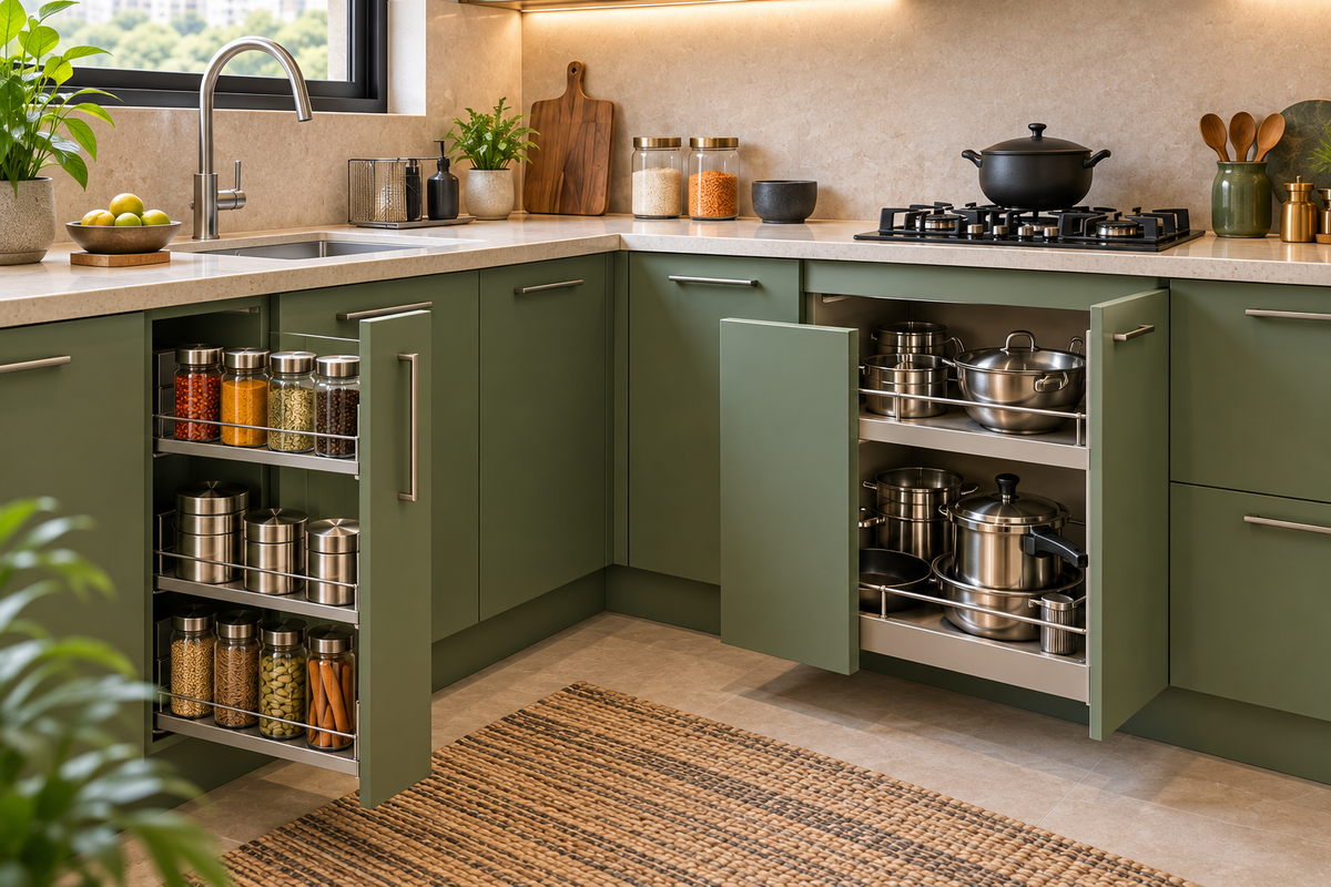 Cabinet and storage detail in Moss L-Shape modular kitchen