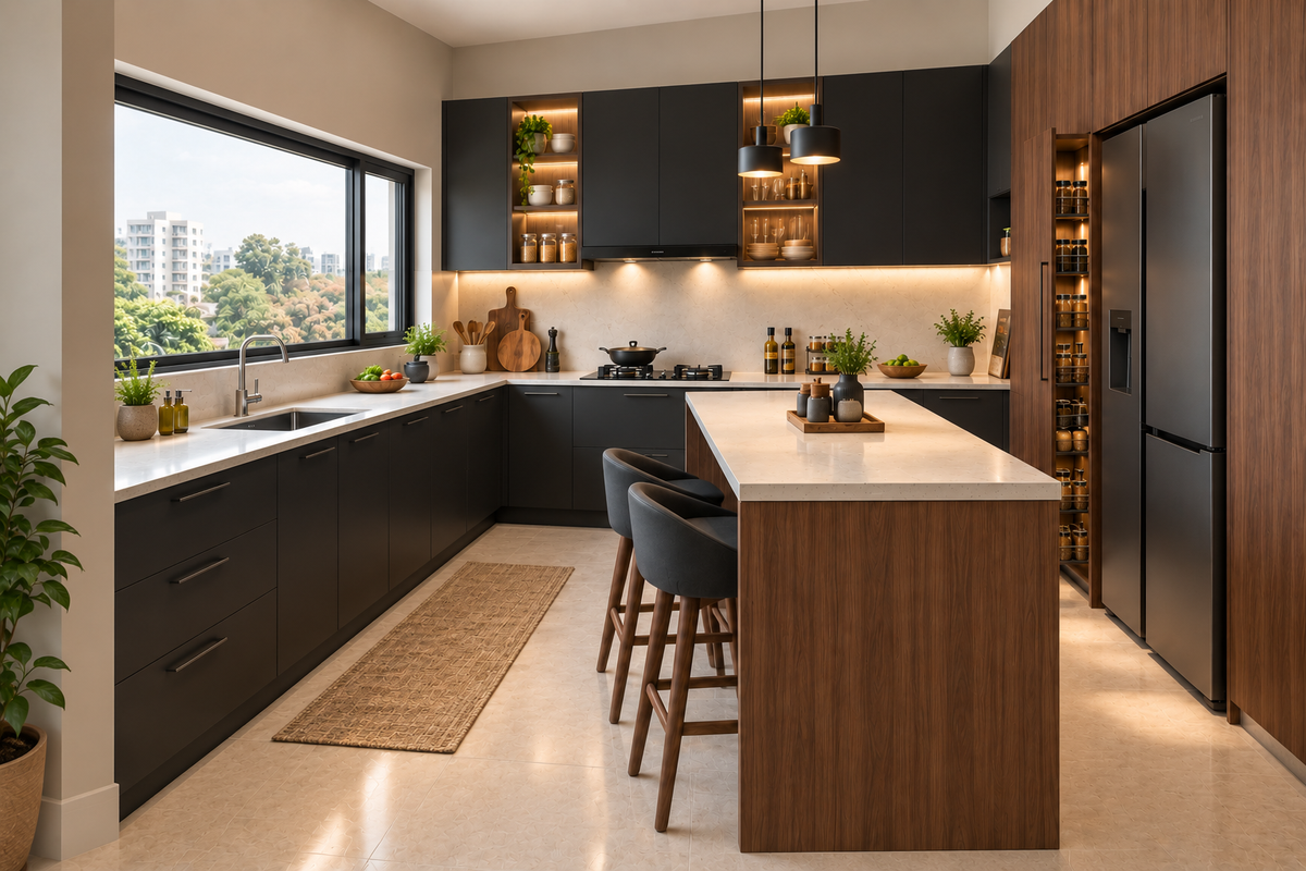 Second angle of Noir Peninsula modular kitchen in Matte Black & Walnut