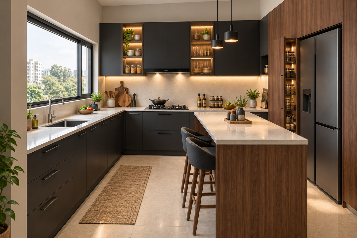 Noir Peninsula modular kitchen in Matte Black & Walnut by Right Work Interior Bangalore