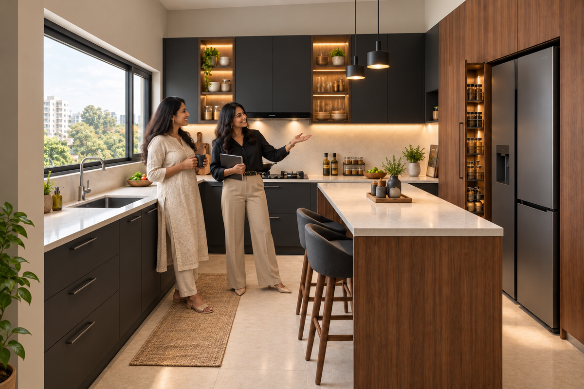 Indian homeowners with the Noir Peninsula modular kitchen in Matte Black & Walnut