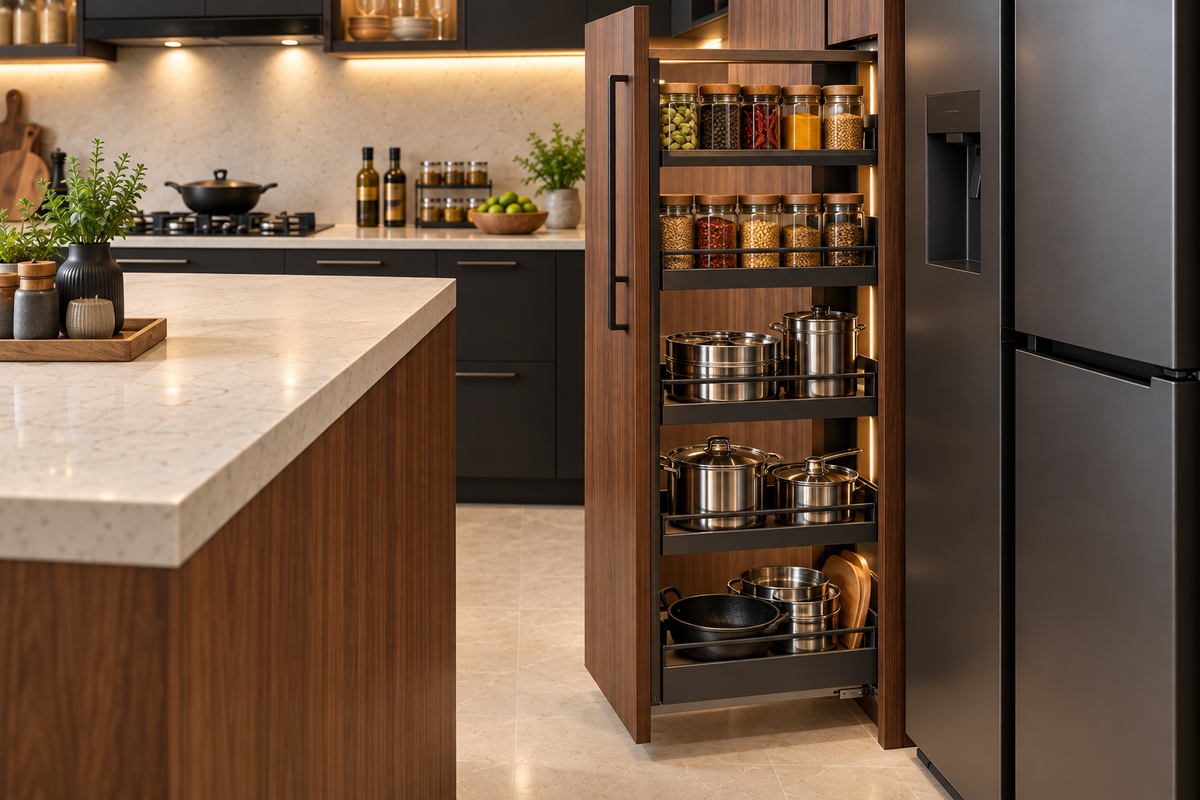 Cabinet and storage detail in Noir Peninsula modular kitchen