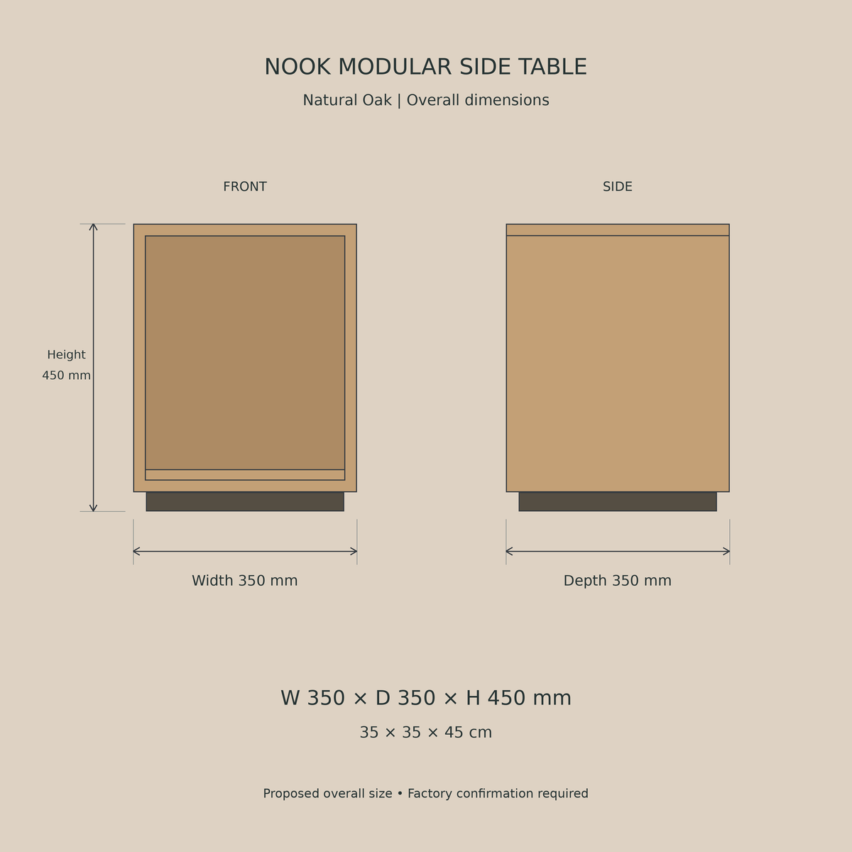Right Work Nook Natural Oak — 350 mm wide × 350 mm deep × 450 mm high — beige background