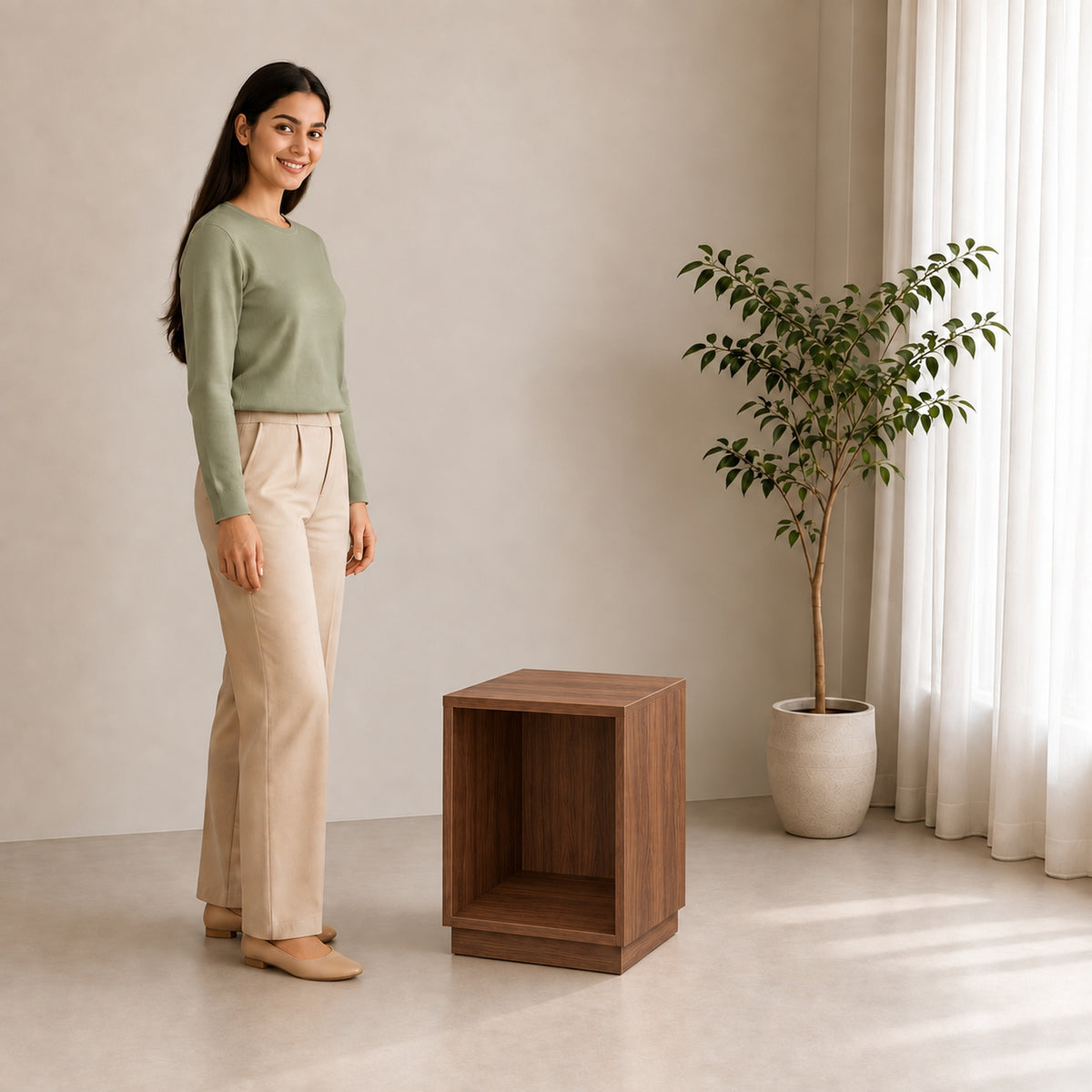 Right Work Nook Walnut — three-quarter lifestyle view with smiling woman — beige background