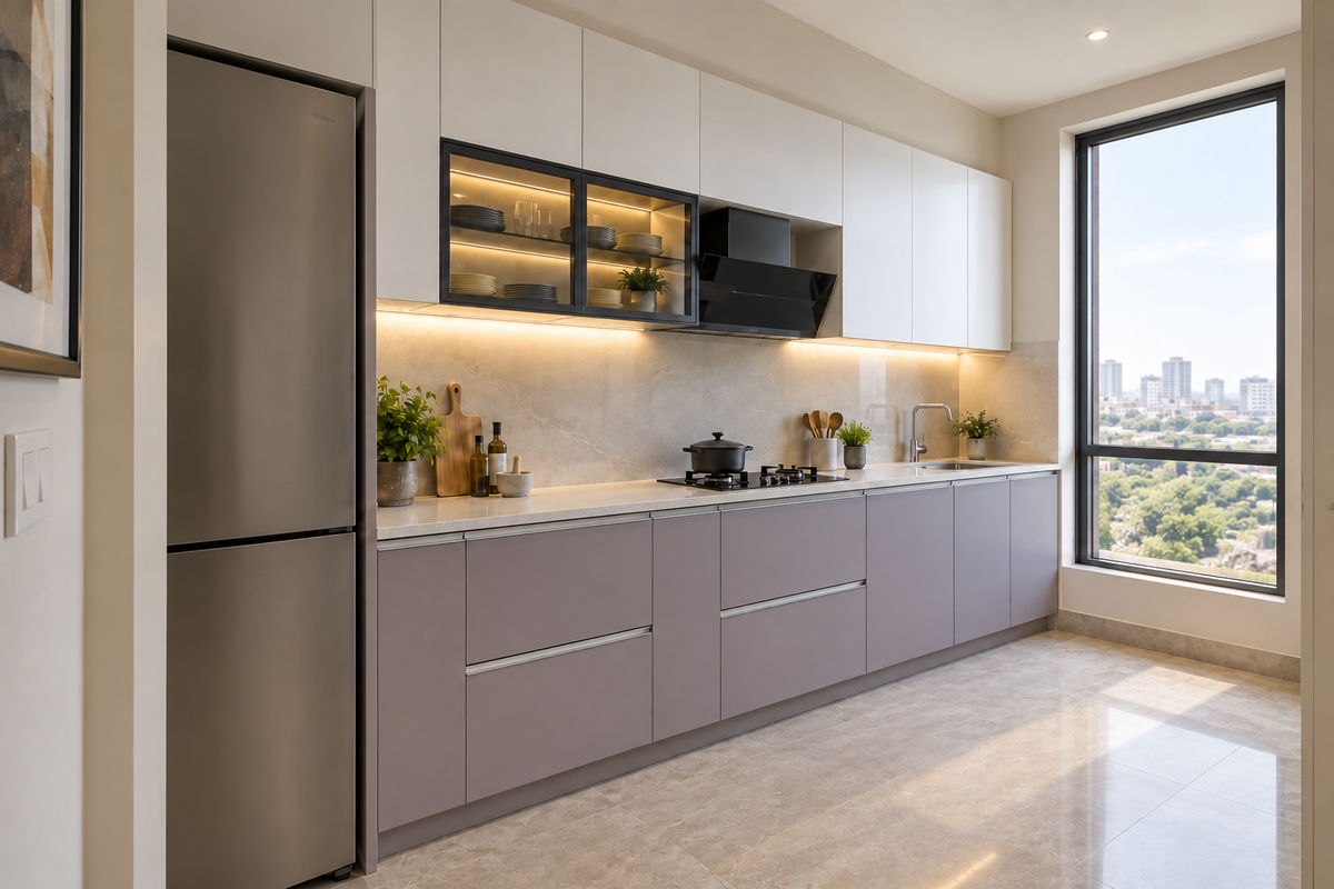 Angled view of lavender cabinetry with integrated G-profile handles