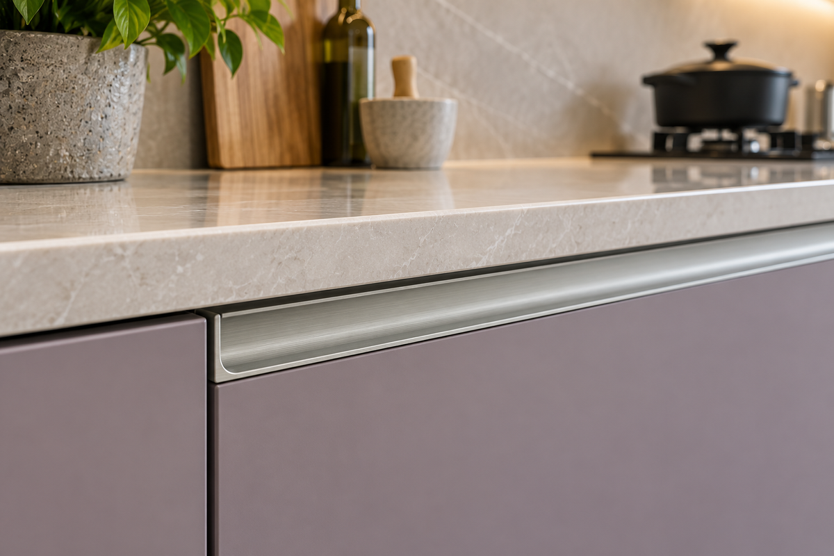 G-profile handle and lavender kitchen shutter beneath a pale countertop