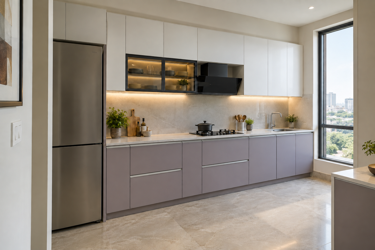 Lavender grey single-wall kitchen with black framed glass cabinets