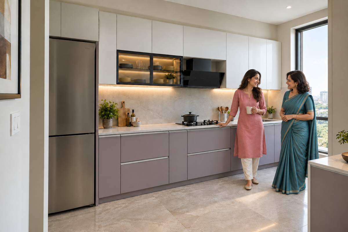 Two smiling Indian women beside a lavender grey kitchen with glass cabinets