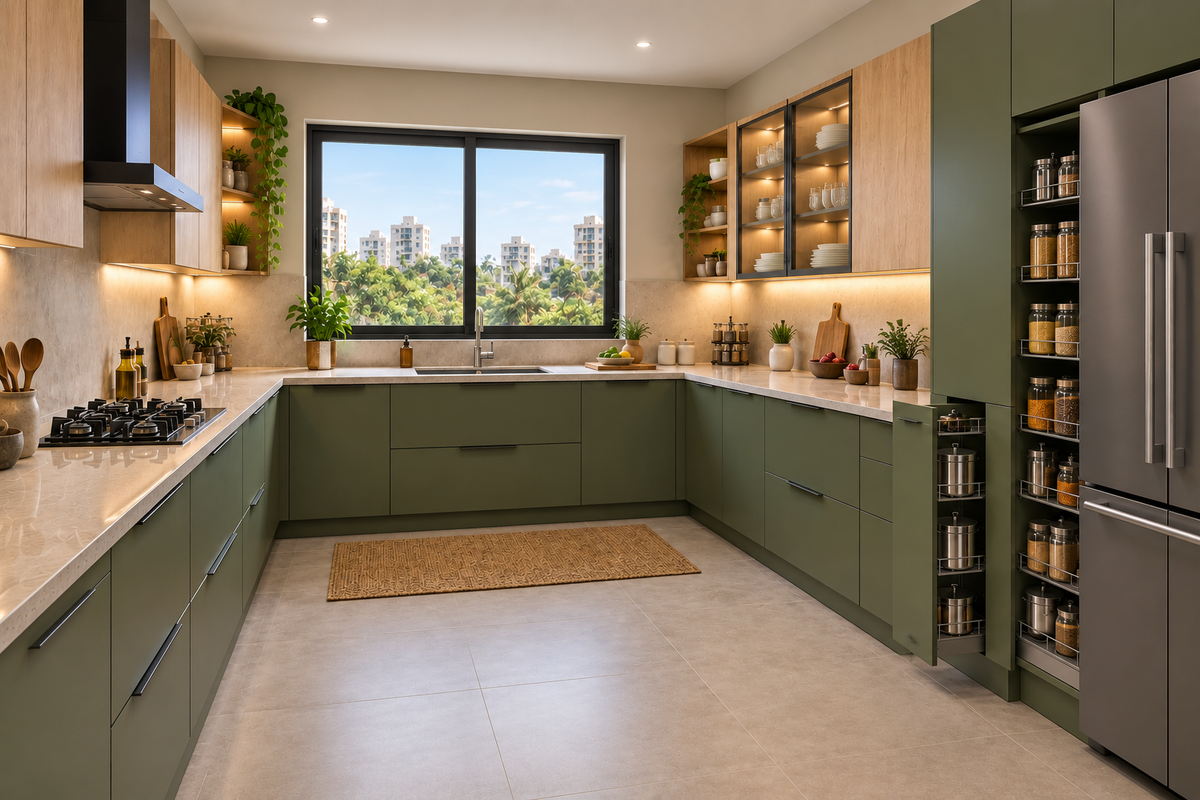 Second angle of Olive U-Shape modular kitchen in Deep Olive & Natural Oak