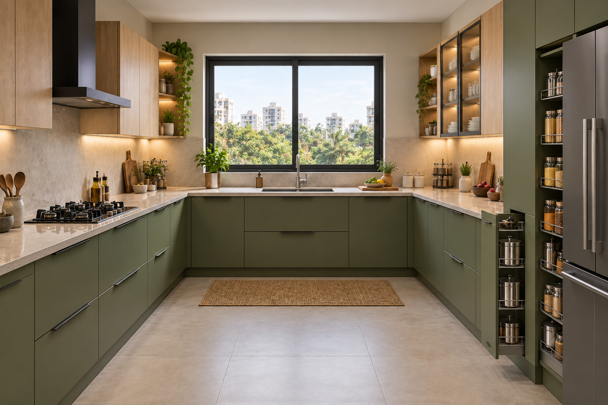 Olive U-Shape modular kitchen in Deep Olive & Natural Oak by Right Work Interior Bangalore