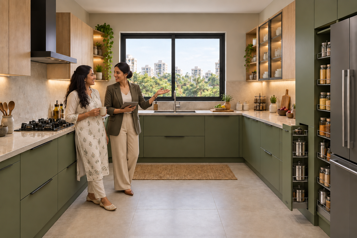 Indian homeowners with the Olive U-Shape modular kitchen in Deep Olive & Natural Oak