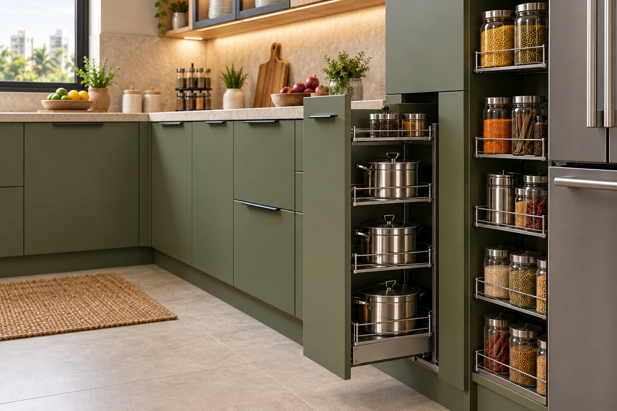 Cabinet and storage detail in Olive U-Shape modular kitchen