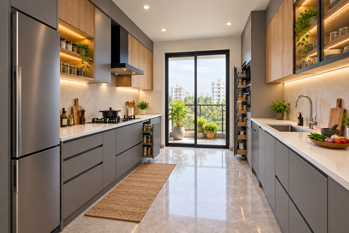 Second angle of Orion Parallel modular kitchen in Grey & Natural Oak