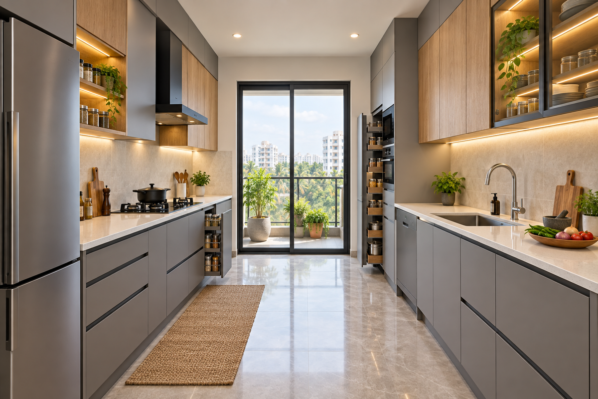 Orion Parallel modular kitchen in Grey & Natural Oak by Right Work Interior Bangalore