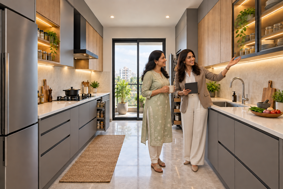 Indian homeowners with the Orion Parallel modular kitchen in Grey & Natural Oak