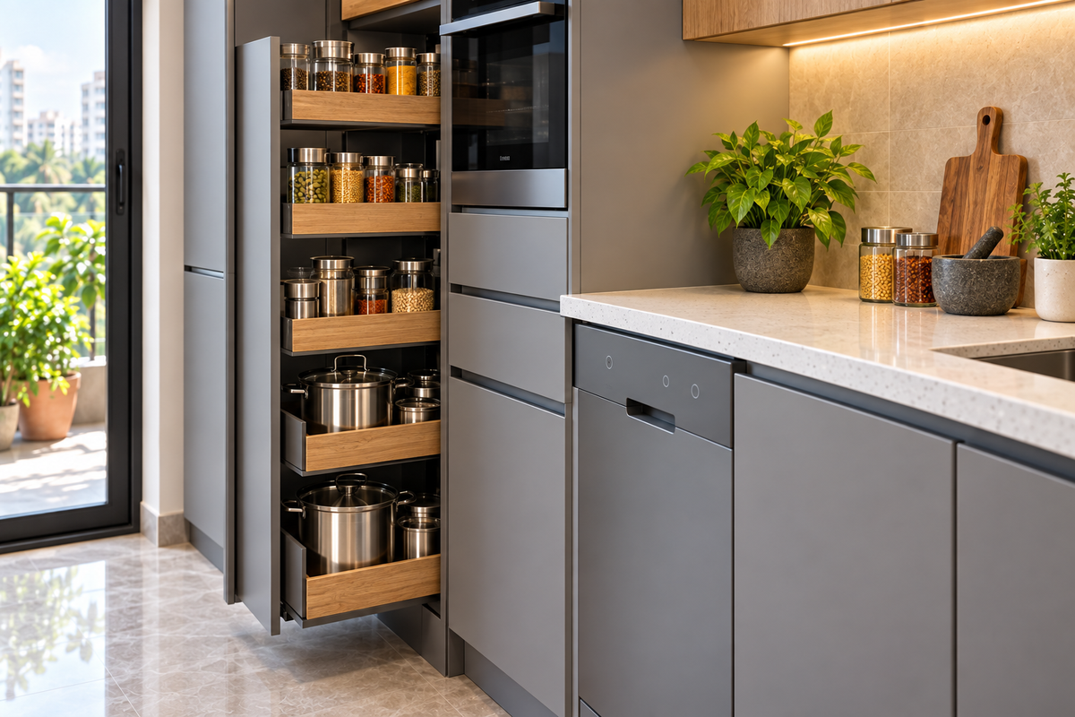 Cabinet and storage detail in Orion Parallel modular kitchen