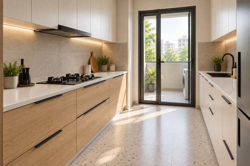 Angled view along oak cabinetry toward the utility door in a parallel kitchen