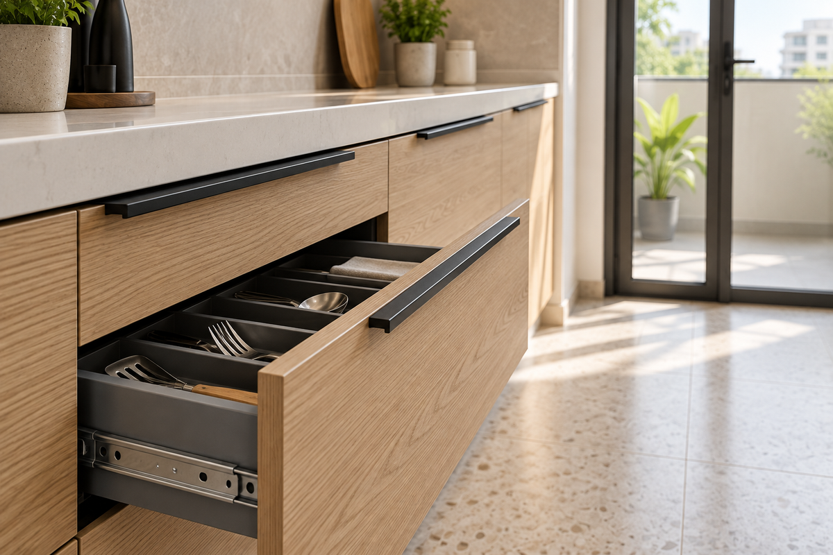 Oak kitchen drawer with a black pull and fitted utensil organiser